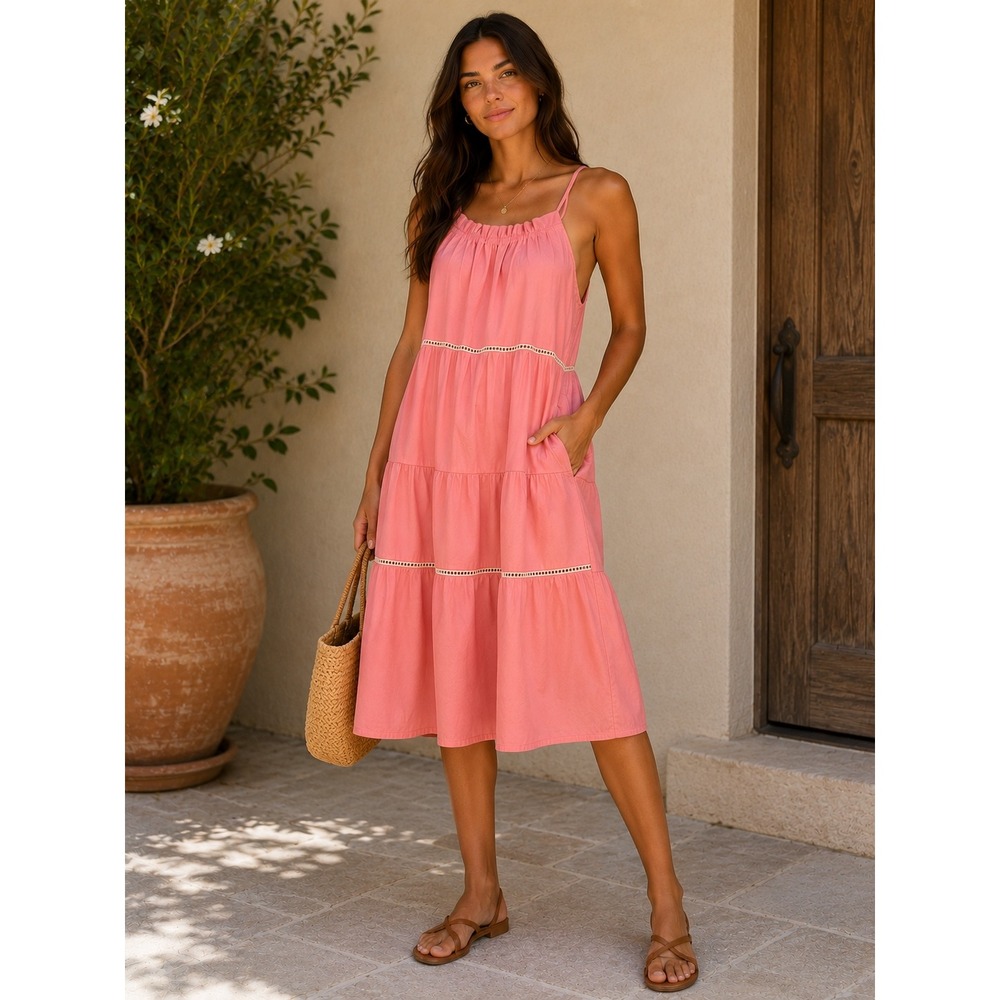 THML Dress Turner Pink Tiered Halter Midi Ladder Lace Trim Pockets Medium